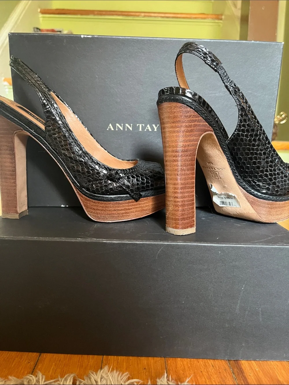 Ann Taylor Black Snakeskin Slingback Platform Heels with Wood Block Heel